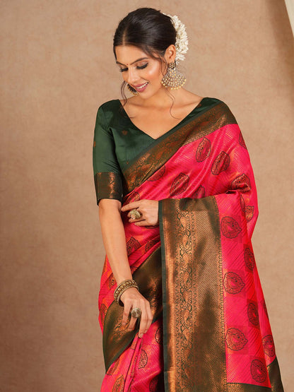 Pink Pink Kanjeevaram Banarasi Silk Woven Saree