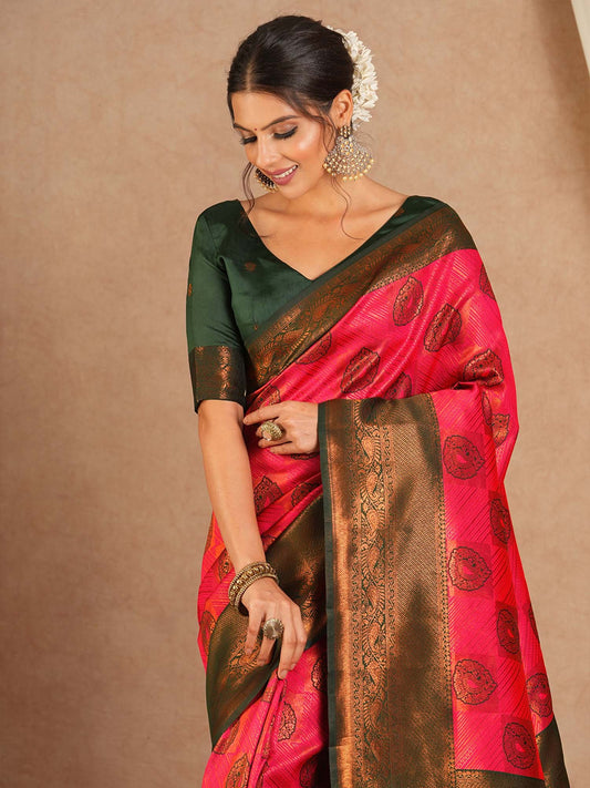 Pink Pink Kanjeevaram Banarasi Silk Woven Saree