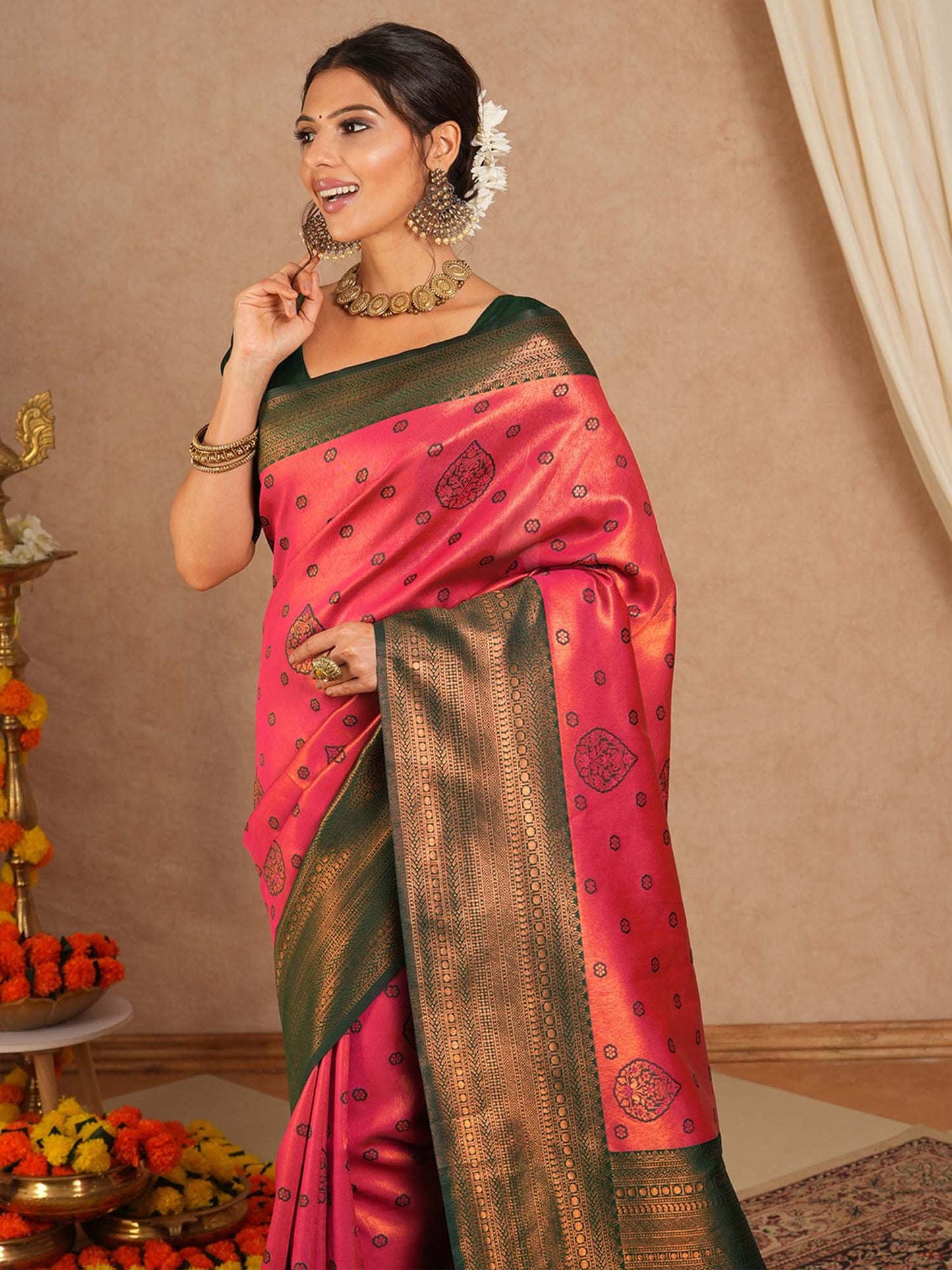 Pink Kanjeevaram Banarasi Silk Woven Saree