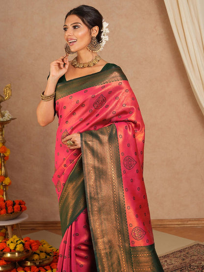Pink Kanjeevaram Banarasi Silk Woven Saree