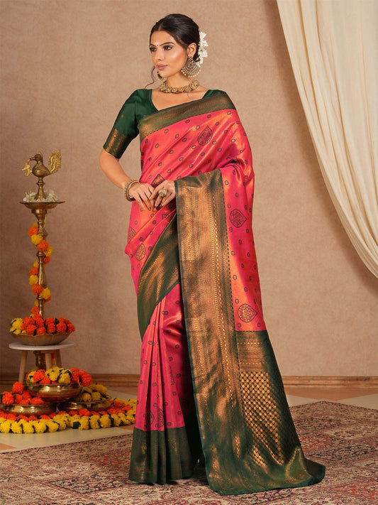 Pink Pink Kanjeevaram Banarasi Silk Woven Saree