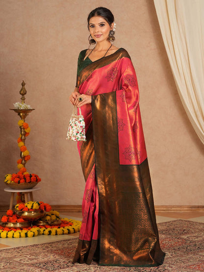 Pink Pink Kanjeevaram Banarasi Silk Woven Saree