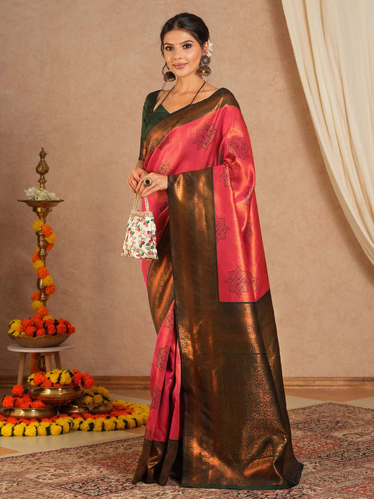 Pink Pink Kanjeevaram Banarasi Silk Woven Saree