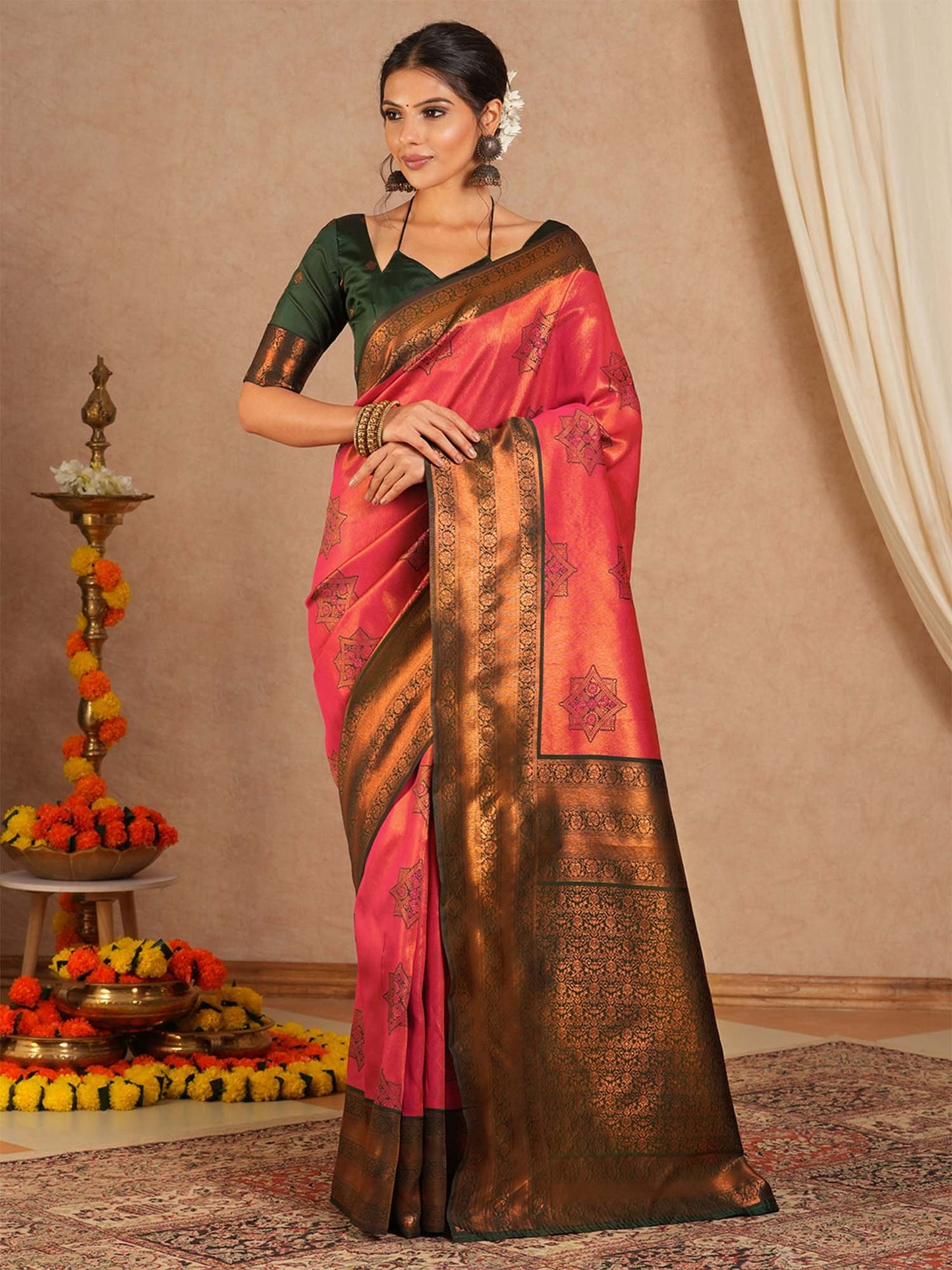 Pink Kanjeevaram Banarasi Silk Woven Saree