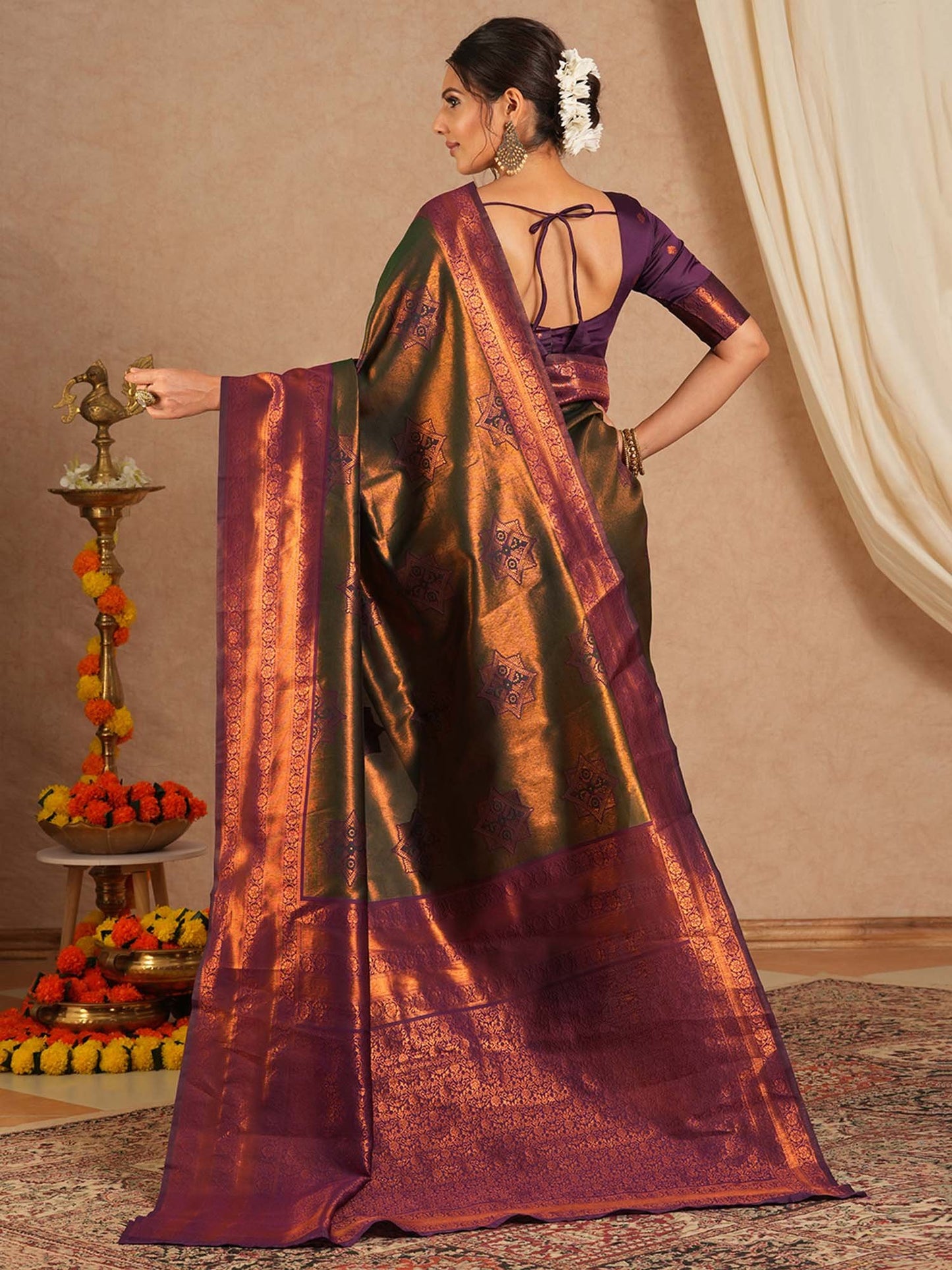 Olive Kanjeevaram Banarasi Silk Woven Saree