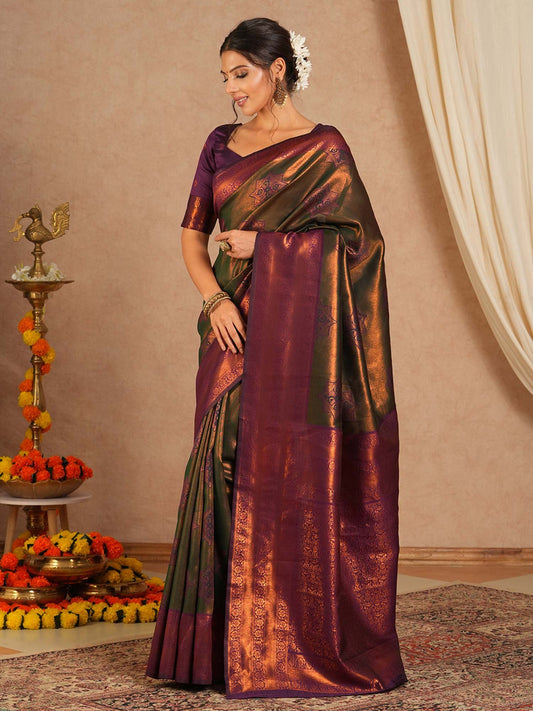 Green Olive Kanjeevaram Banarasi Silk Woven Saree