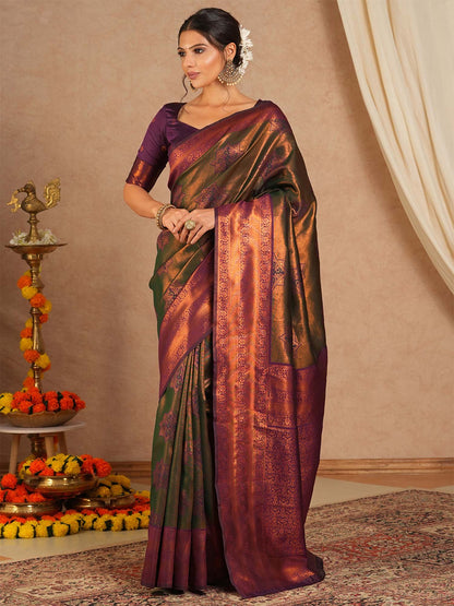 Olive Kanjeevaram Banarasi Silk Woven Saree