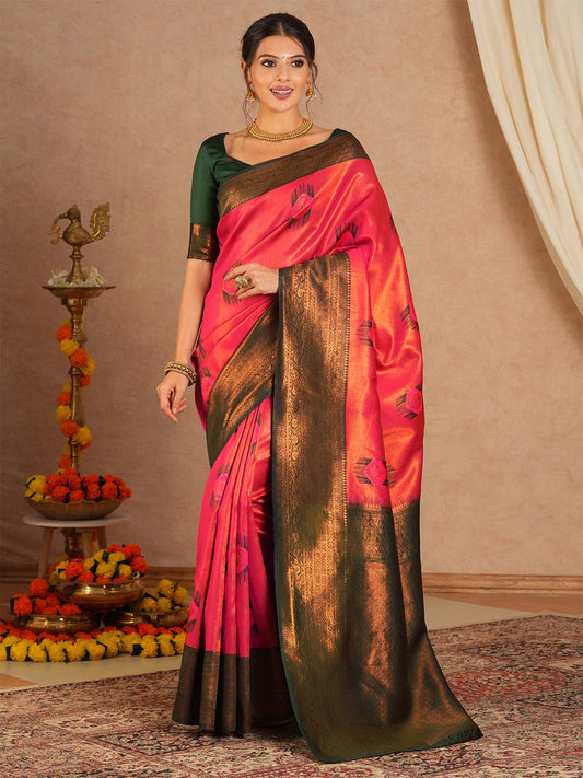 Pink Pink Kanjeevaram Banarasi Silk Woven Saree