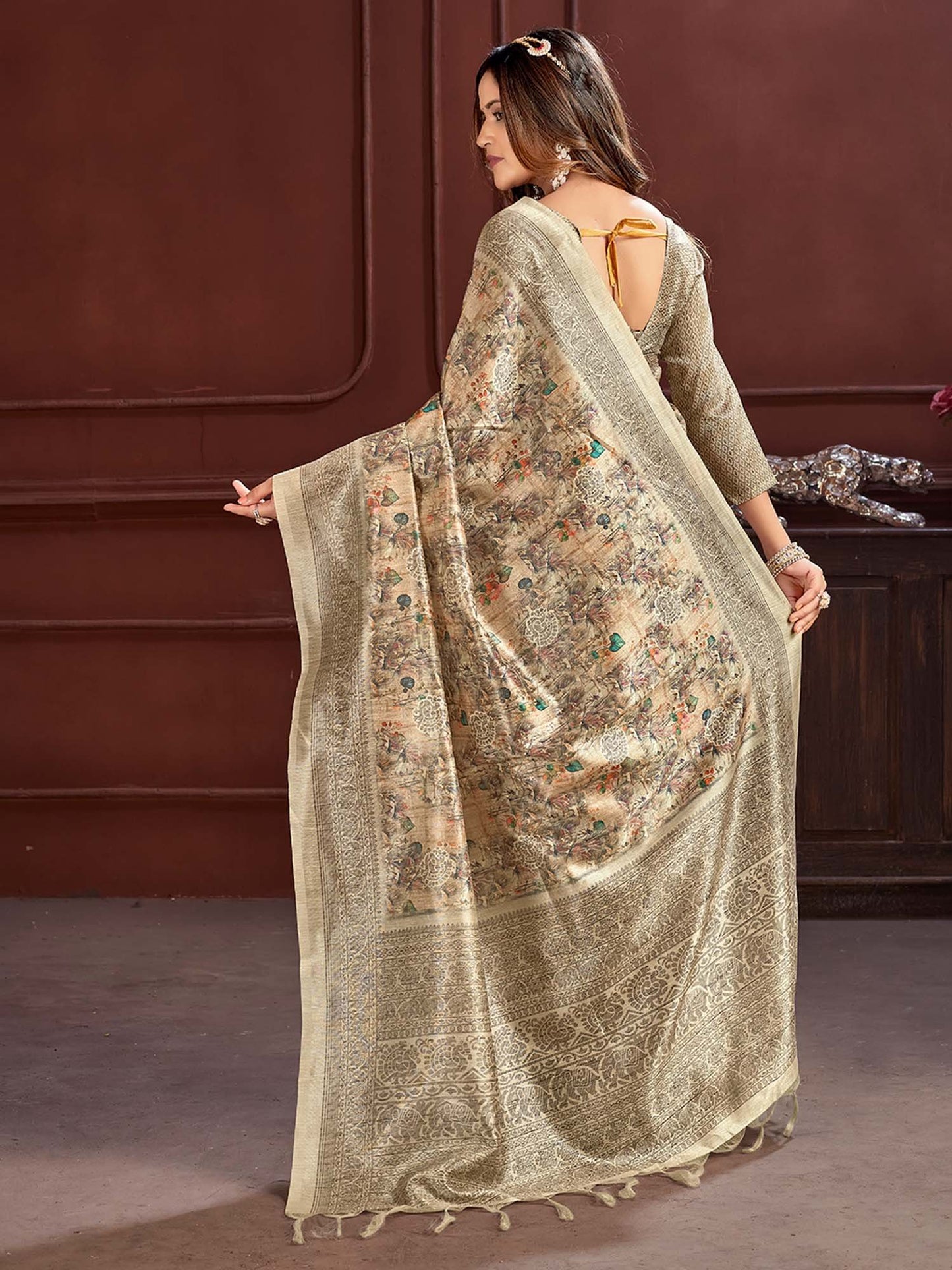 Cream Sungudi Cotton Silk Printed Saree