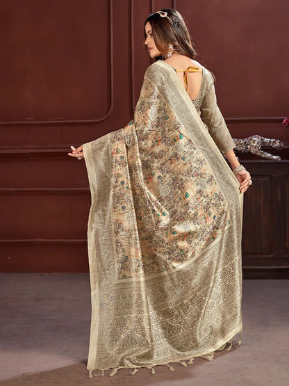 Cream Sungudi Cotton Silk Printed Saree