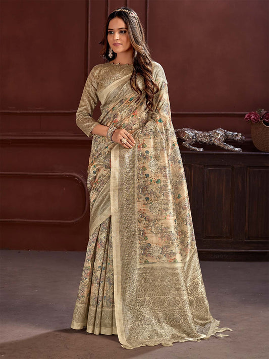 Cream Cream Sungudi Cotton Silk Printed Saree