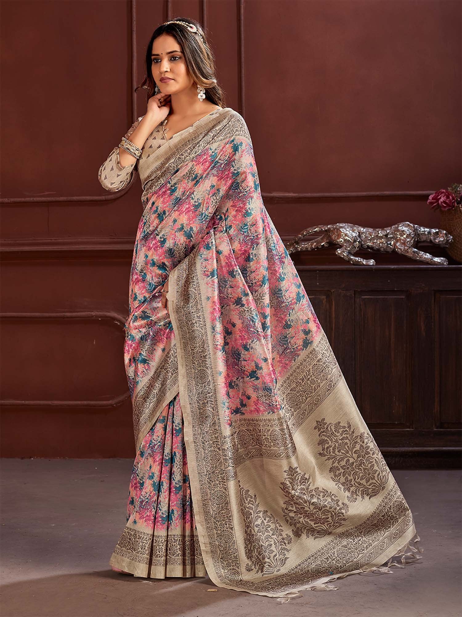 Pink Beige Sungudi Cotton Silk Printed Saree