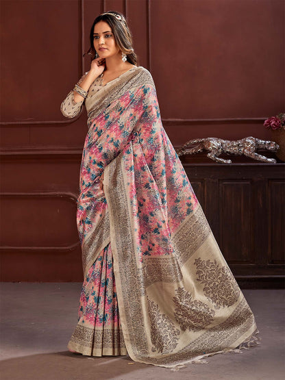 Pink Beige Sungudi Cotton Silk Printed Saree