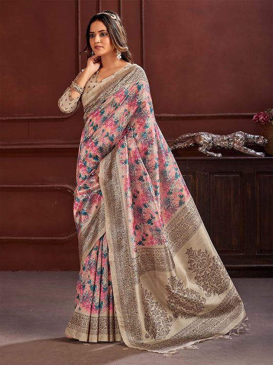 Pink Beige Sungudi Cotton Silk Printed Saree