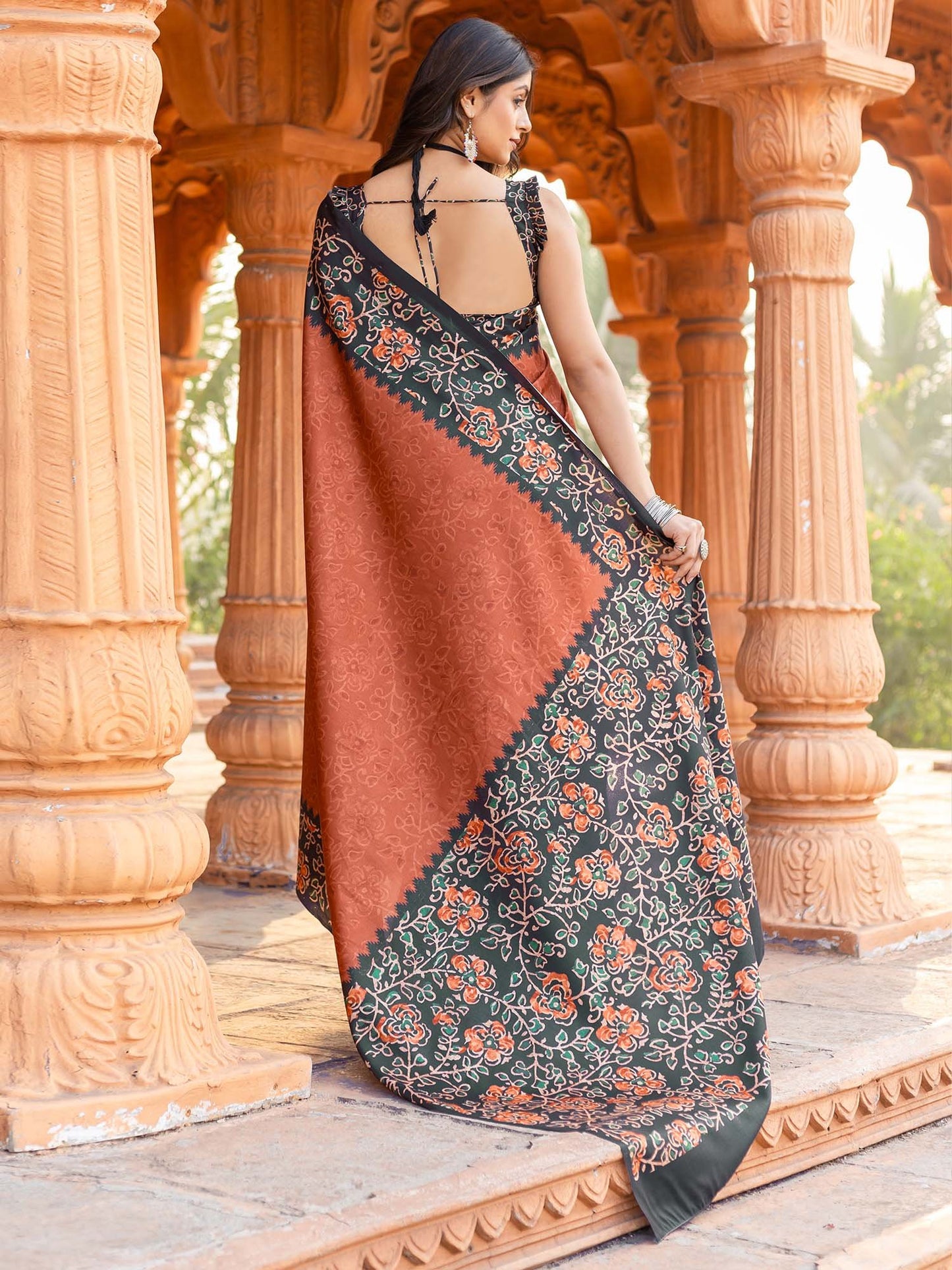 Orange Pochampally Malai Silk Printed Saree
