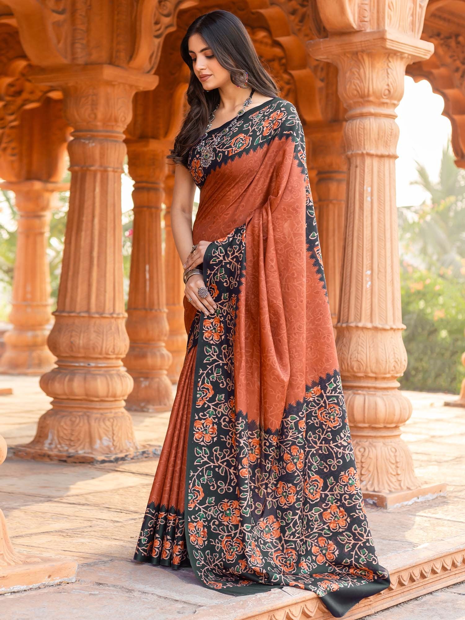Orange Orange Pochampally Malai Silk Printed Saree