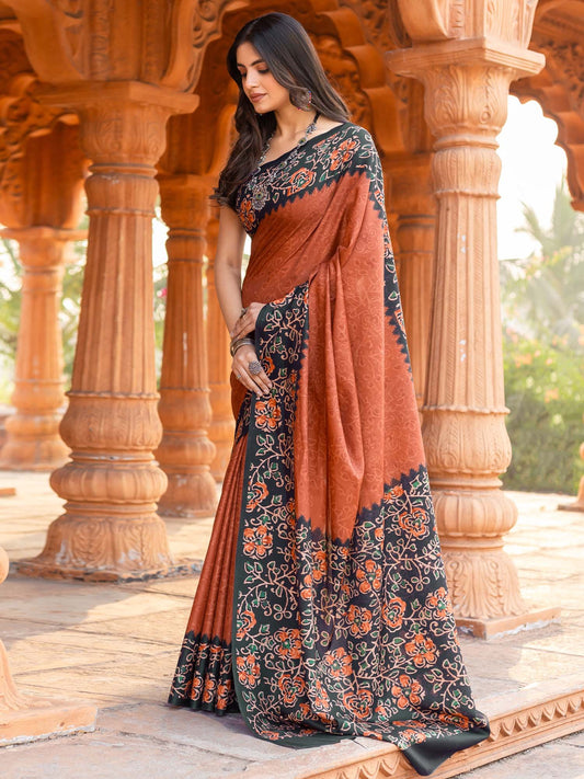 Orange Orange Pochampally Malai Silk Printed Saree