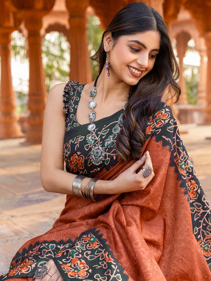 Orange Pochampally Malai Silk Printed Saree