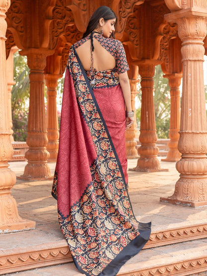 Pink Pochampally Malai Silk Printed Saree