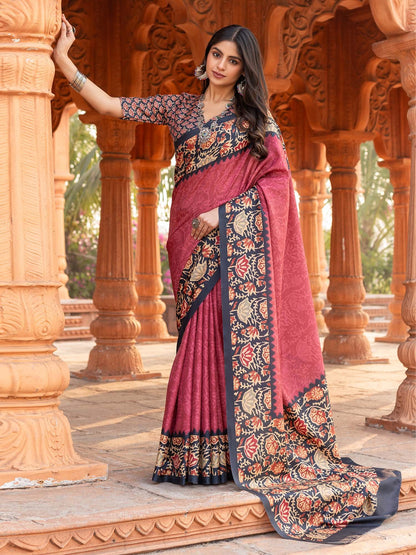 Pink Pink Pochampally Malai Silk Printed Saree