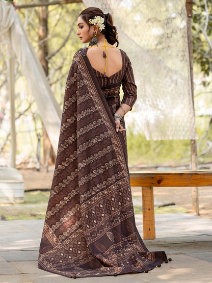 Brown Leheriya Silk Blend Printed Saree