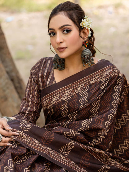 Brown Leheriya Silk Blend Printed Saree