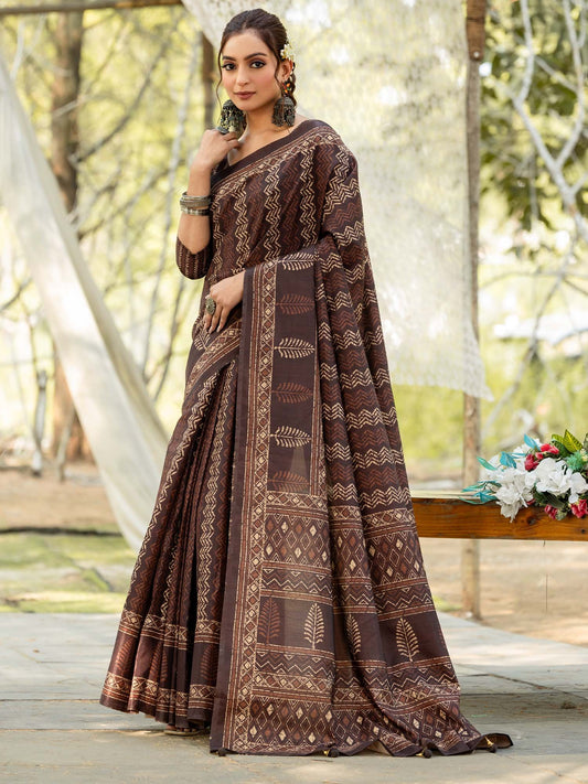 Brown Brown Leheriya Silk Blend Printed Saree