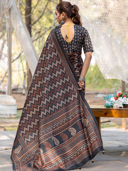 Black Leheriya Silk Blend Printed Saree