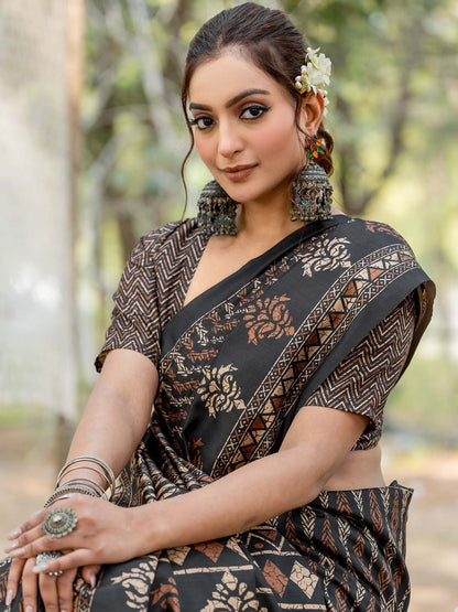 Black Leheriya Silk Blend Printed Saree