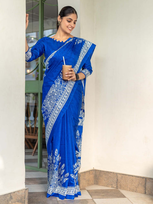 Blue Navy Bagru Dola Silk Printed Saree