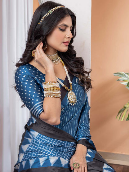 Blue Block Print Crepe Digital Print Saree