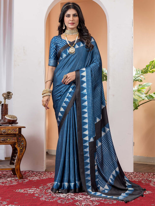 Blue Blue Block Print Crepe Digital Print Saree