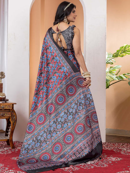 Black Block Print Crepe Digital Print Saree