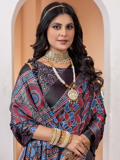 Black Block Print Crepe Digital Print Saree