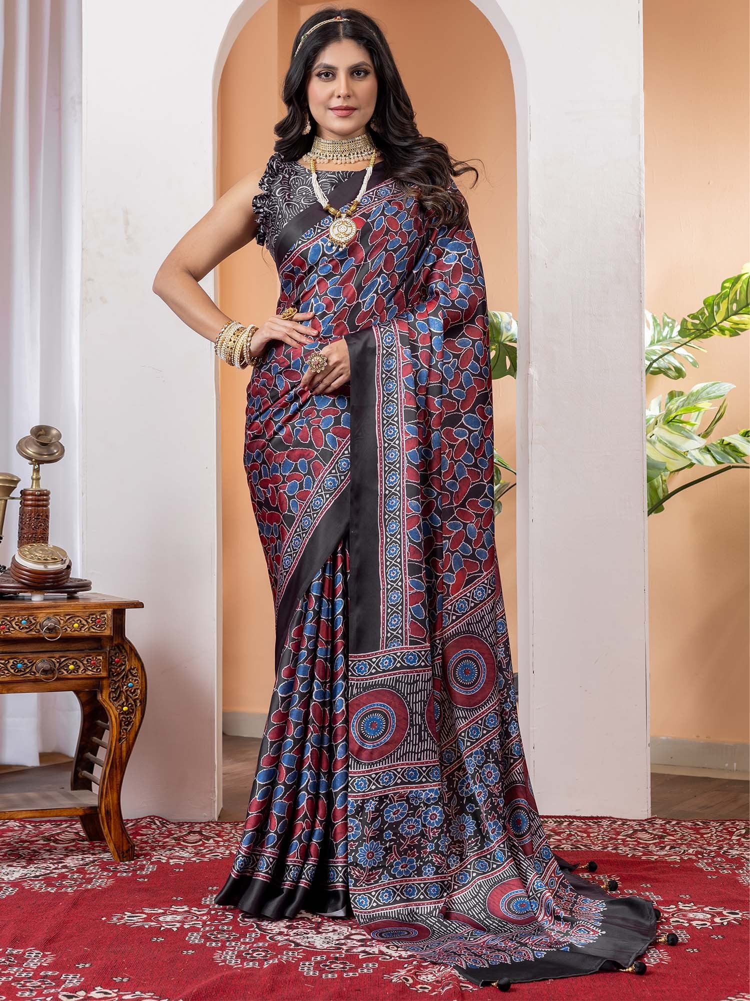 Black Black Block Print Crepe Digital Print Saree