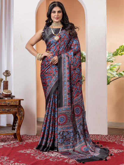 Black Black Block Print Crepe Digital Print Saree