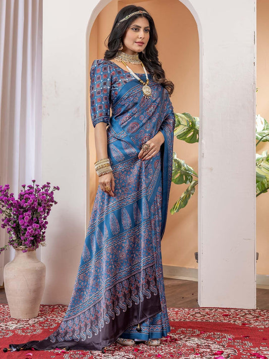 Blue Blue Block Print Crepe Digital Print Saree