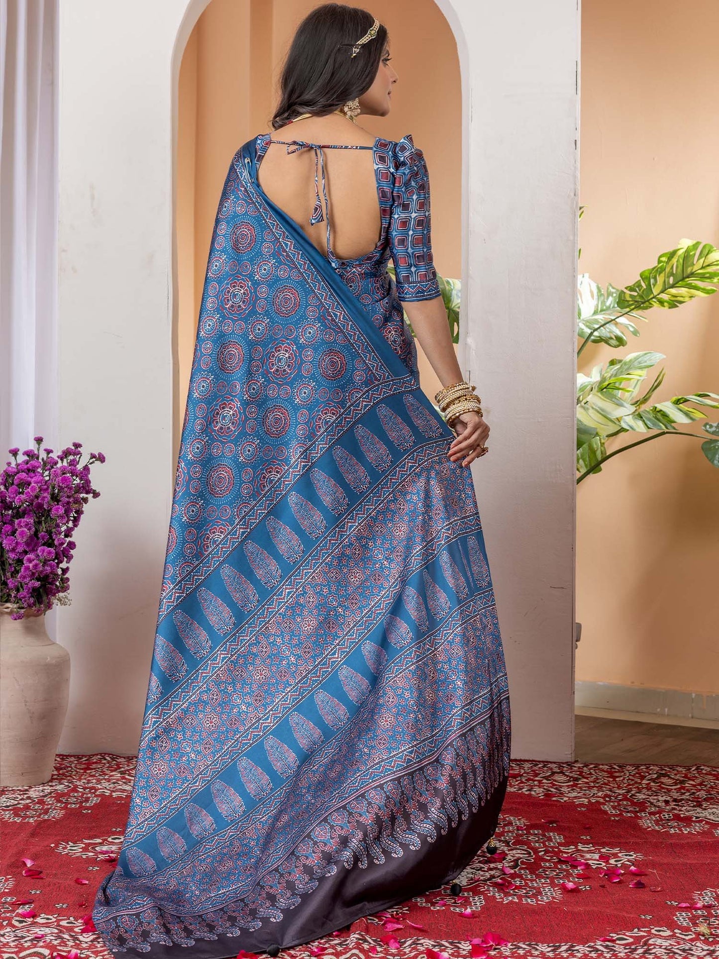 Blue Block Print Crepe Digital Print Saree