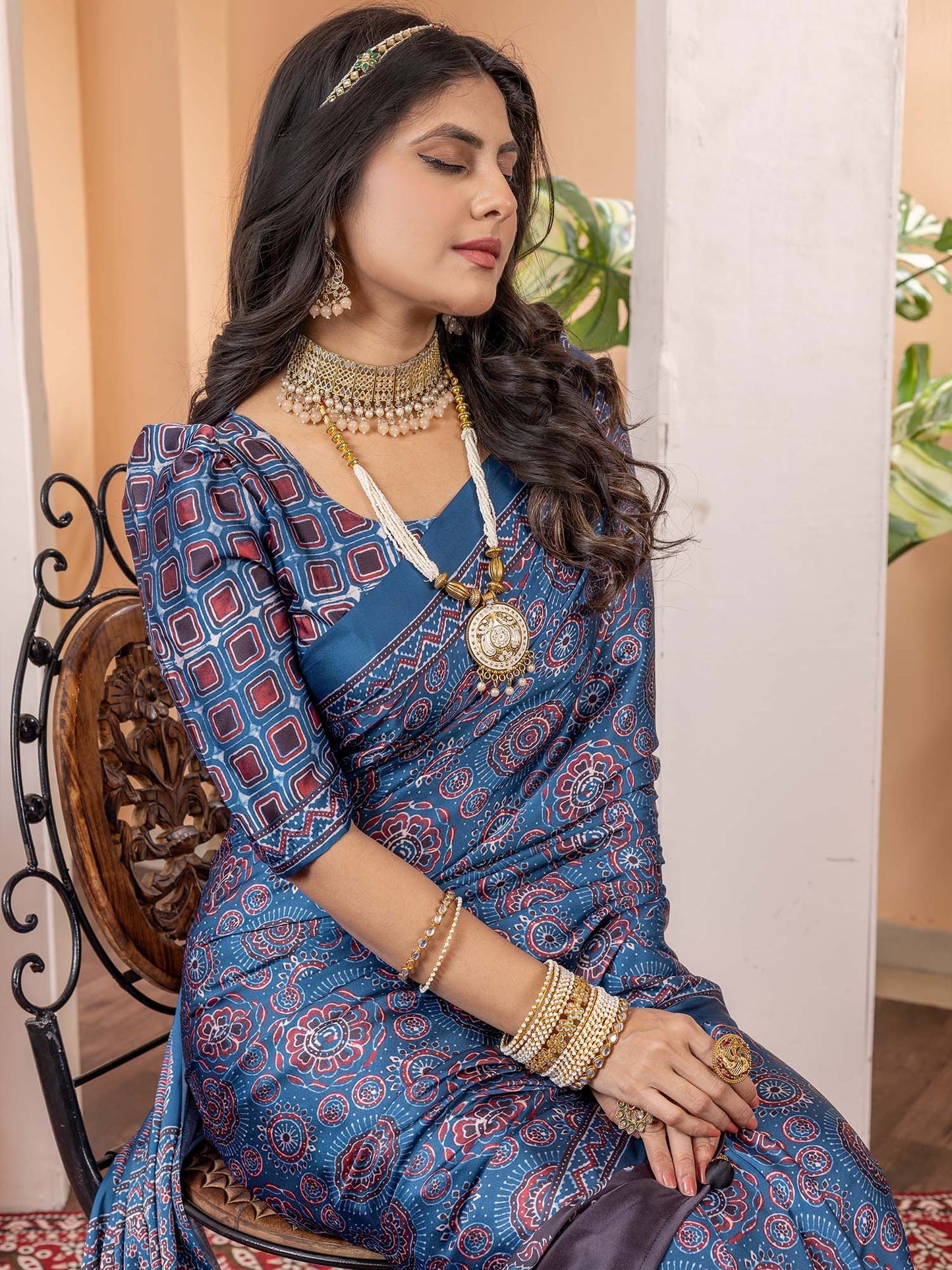 Blue Block Print Crepe Digital Print Saree