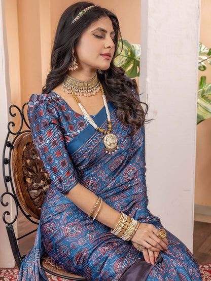 Blue Block Print Crepe Digital Print Saree