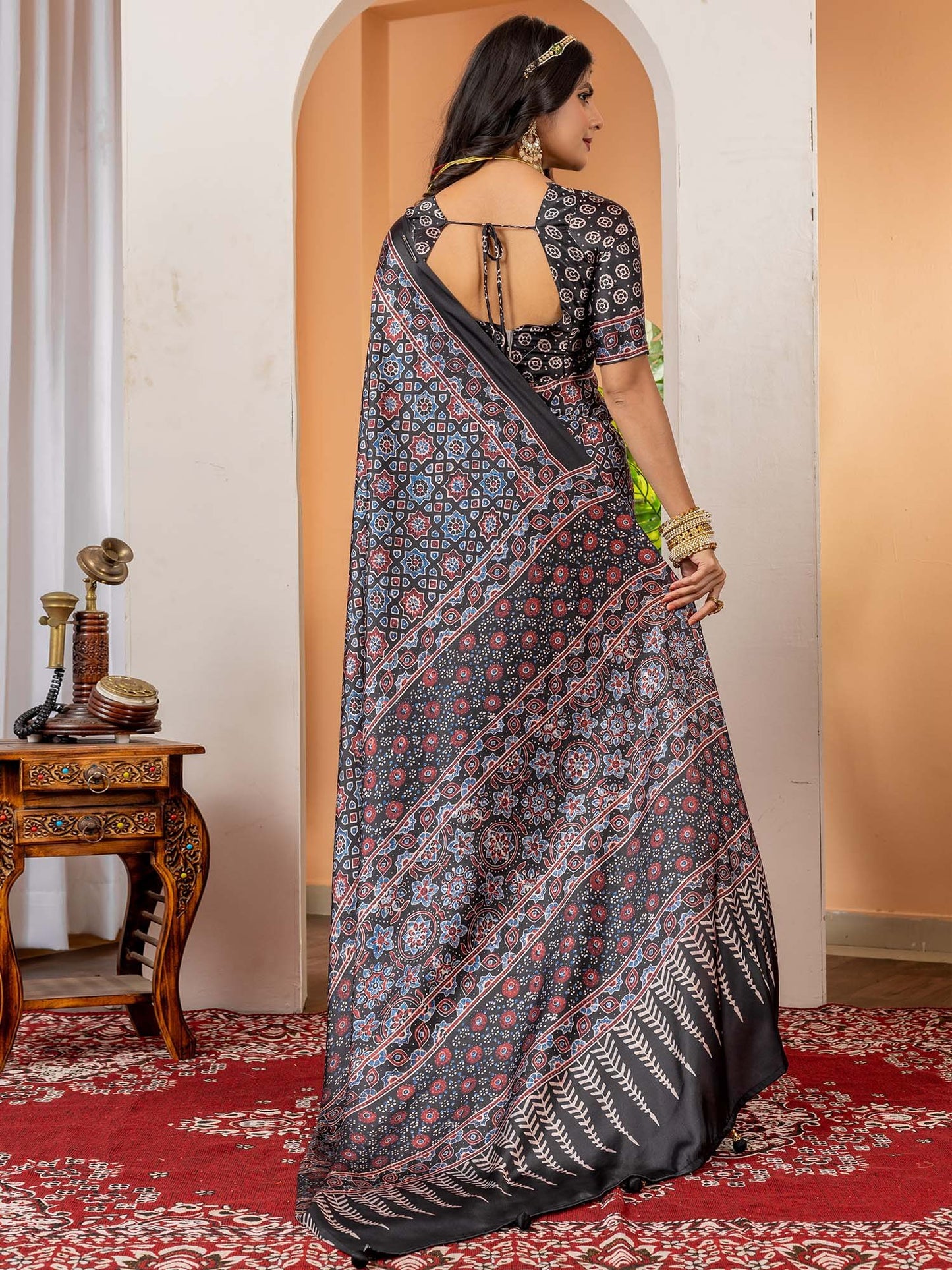 Black Block Print Crepe Digital Print Saree