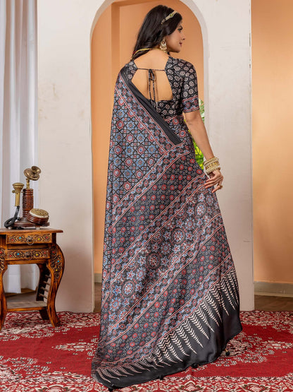 Black Block Print Crepe Digital Print Saree