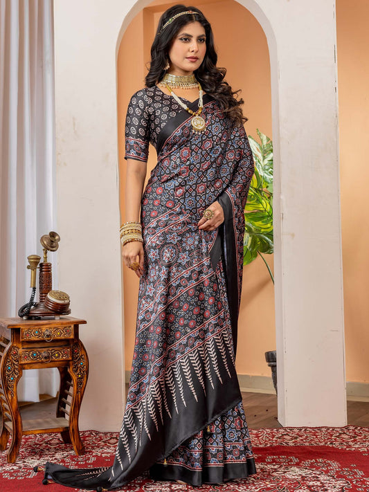 Black Black Block Print Crepe Digital Print Saree
