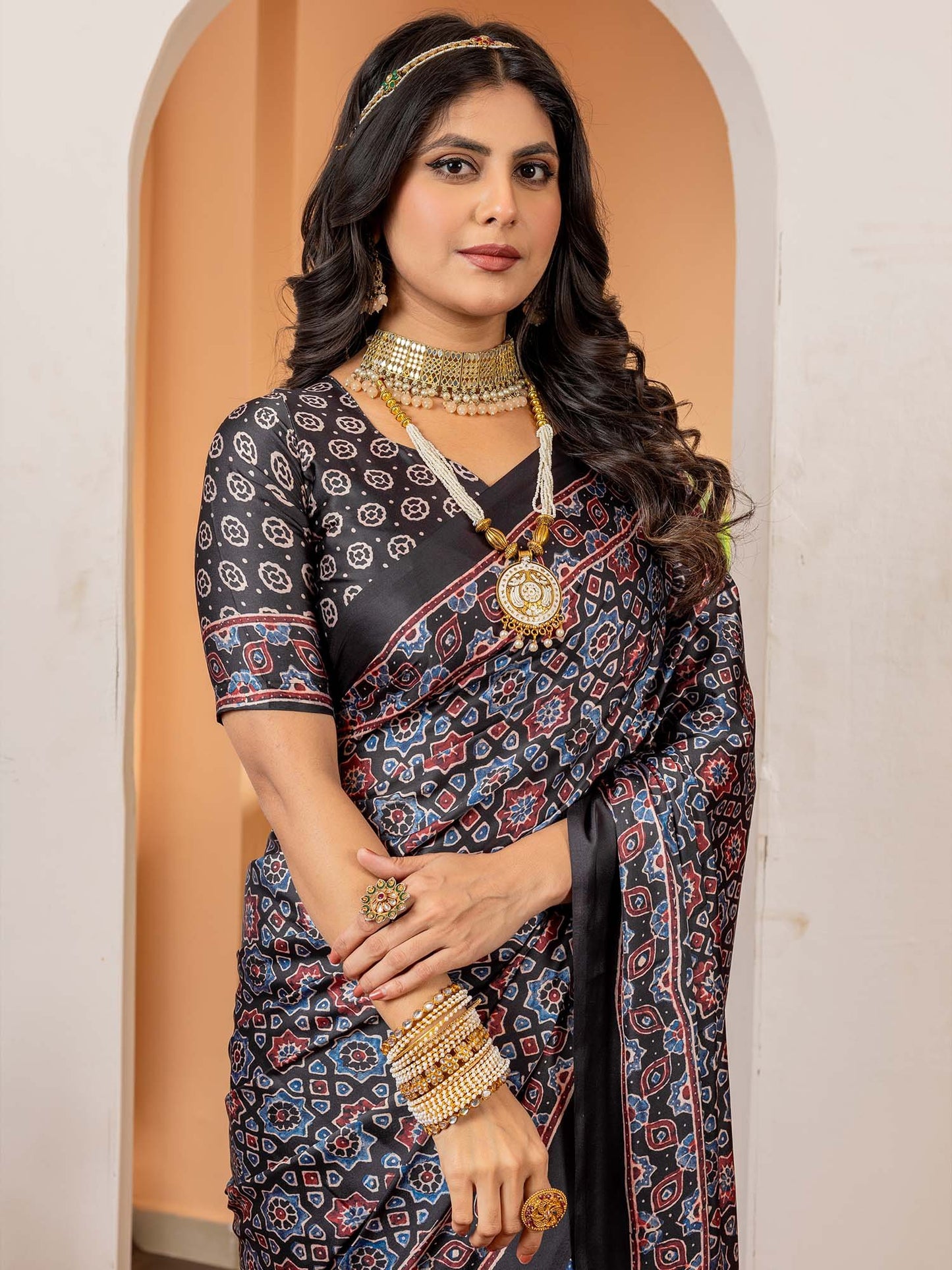 Black Block Print Crepe Digital Print Saree