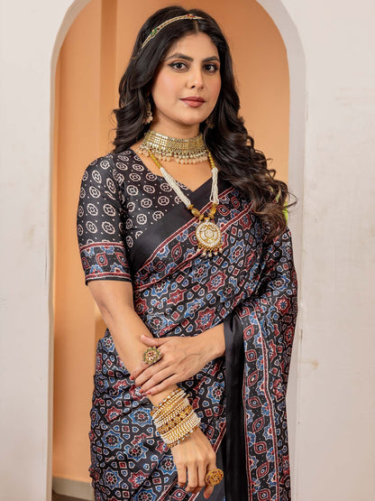 Black Block Print Crepe Digital Print Saree