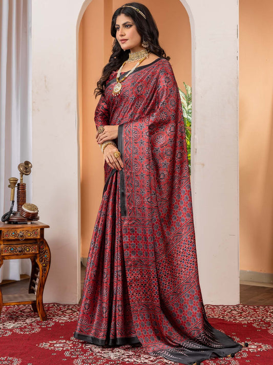 Maroon Maroon Block Print Crepe Digital Print Saree
