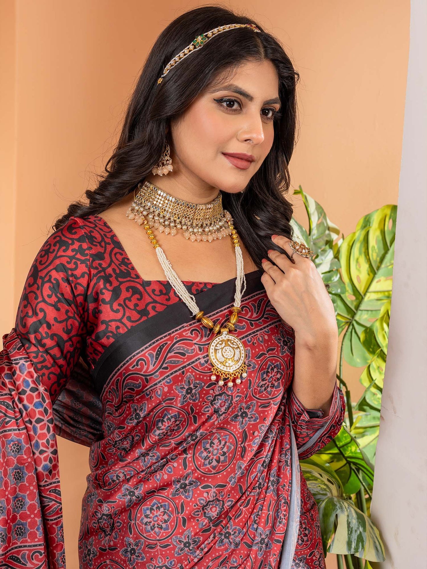 Maroon Block Print Crepe Digital Print Saree