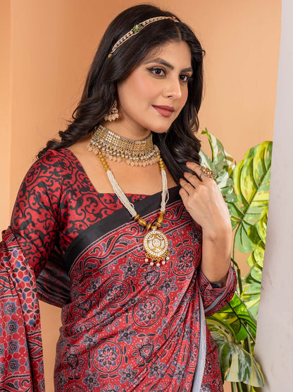 Maroon Block Print Crepe Digital Print Saree