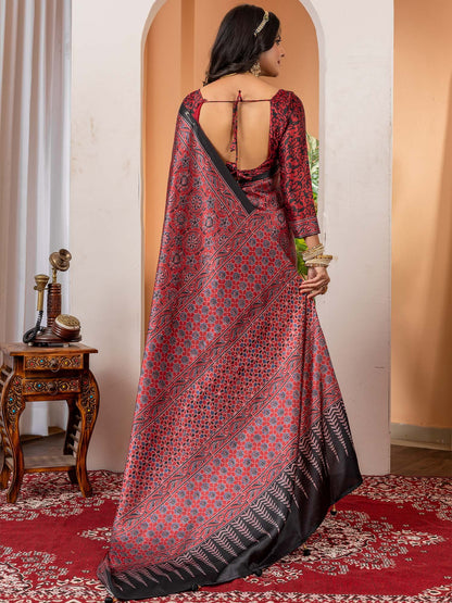 Maroon Block Print Crepe Digital Print Saree
