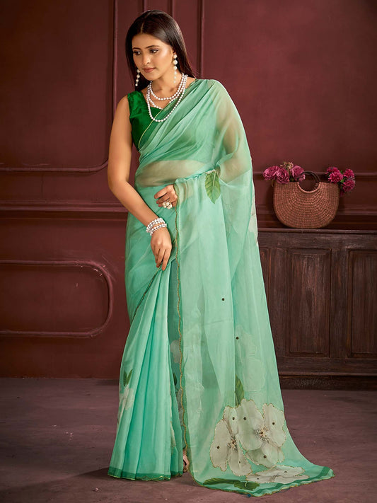 Green Sea Party Wear Organza Printed Saree